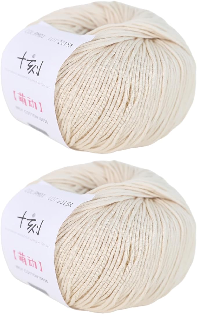 Fine Weight Knitted and Crocheted Cotton Yarn, 100% Long Staple Cotton Yarn, Baby Sports, 2 Packages of 100g/3.52oz (Per Skein 50g/162yards) - Apricot White