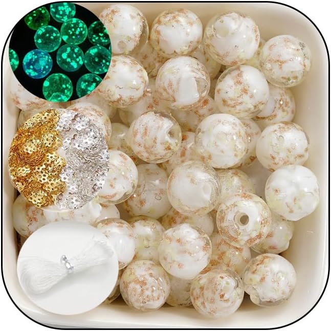 200 PCS 8mm Glow in The Dark Beads Bulk Round Luminous Glass Beads with Holes for Jewelry Making Bracelets Earrings Necklace Glow Loose Spacer Ball Bead DIY Craft Kit (White)