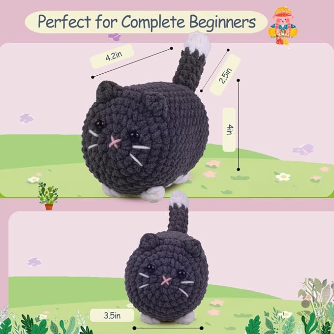 Crochet Kit for Beginners,Crochet Starter Kit with Step-by-Step Video Tutorials,DIY Crochet Animal Kits for Adults Kids,Complete Kit Included (Grey Cat)
