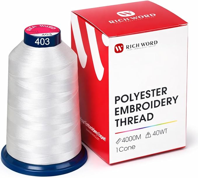 Poolin Embroidery Machine Thread Richword Selected White 4000M 40WT Polyester Embroidery Thread – Smooth, Strong Single Spool for Home & Commercial Machines 0403