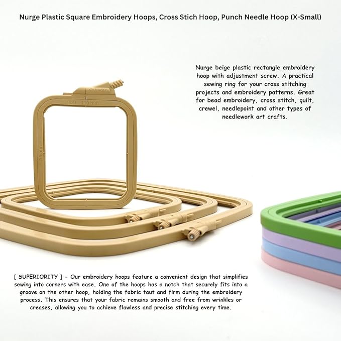 nurge square embroidery hoop - plastic cross stitch frame for needlepoint & embroidery - adjustable craft hoop - beige - no:4 (large)