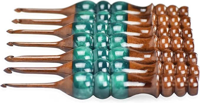 Wooden Crochet Hooks Set for Arthritic Hands | Ergonomic Soft Grip - Resin Mix Indian Rosewood Crochet Hook Set for Crocheting & Knitting (Green, Set of 7)