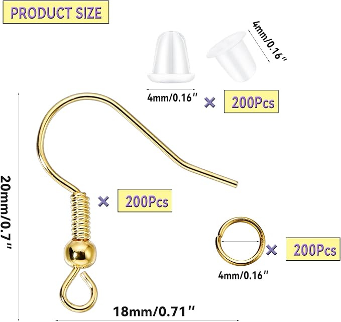 600Pcs Hypoallergenic Earring Hooks, Gold Earring Making Kit, with Earring Backs and Jump Rings for Jewelry Making (Gold)