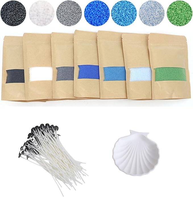 7-Color Pearled Candle Sand Set 12.35oz Colorful Sand Candle Wax with 50pcs Wicks & Candle Trays Refillable Unscented Candle Making Sand Wax for Home Décor, Handcraft and Gifting (7-Color Set B)
