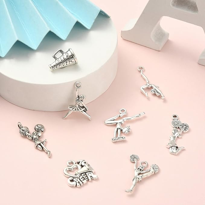 DanLingJewelry 80Pcs 8 Styles Cheerleader Charms Gymnastics Sport Girl Charms for Crafting Jewelry Findings Making