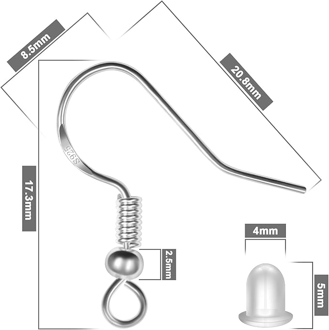 925 sterling silver earring hooks 120 pcs/60 pairs, ear wires fish hooks, hypo-allergenic jewelry findings parts with 120 pcs clear silicone earring backs