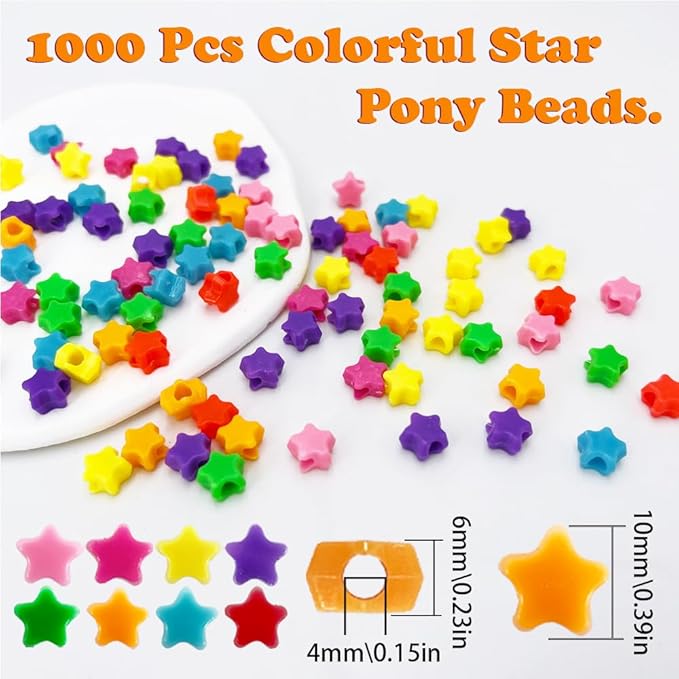 MIIIM 1000 Pcs Colorful Star Pony Beads Shapes for Friendship Bracelet, Large Hole Kandi Beads for Hair Braids, Jewelry Making (Multi-Colored)