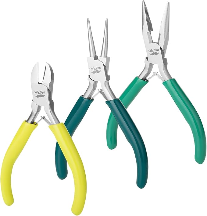 Mr. Pen- Jewelry Pliers Set, 3 Pack, Shades of Green, Rubber Handle & Ergonomic Design, Mini Pliers for Jewelry Making Tools, Small Wire Cutters for Crafting