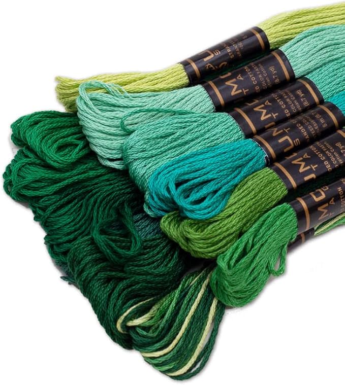 12 Pieces | Premium Embroidery Thread | 100% Egyptian Cotton Premium Skeins | Cross Stitch Embroidery Floss | Oeko TEX Certified Stranded Cotton (Green Tones)