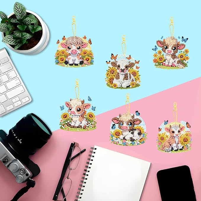 Masendp 9 Piece Farm Cow Diamond Keychain Set DIY Cow Diamond Keychain for Beginners Adult Arts & Crafts Supplies Christmas Holiday Gifts
