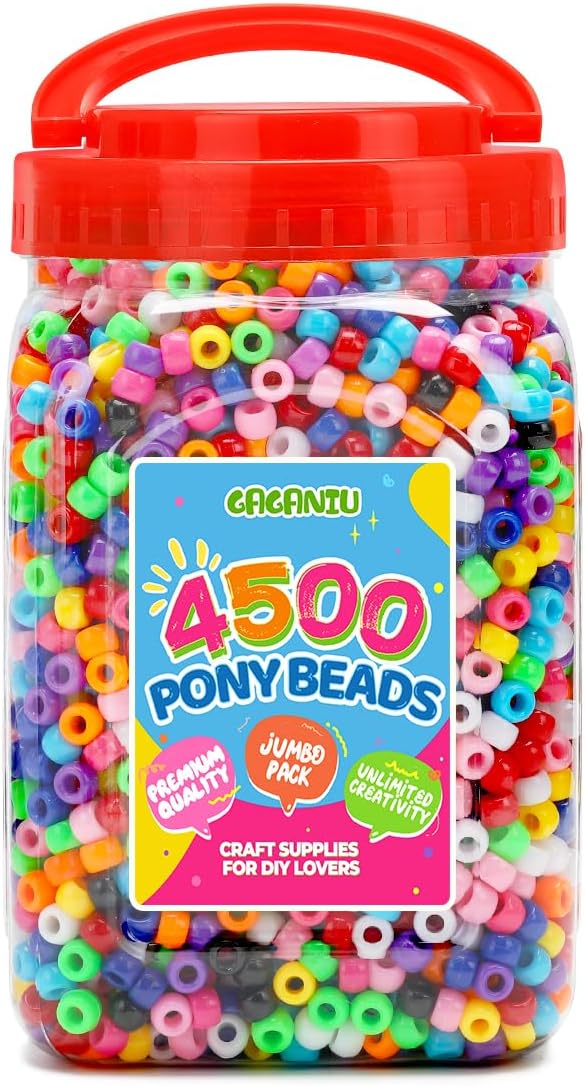 pony beads 2.5 lb – 4500+ multicolor 6x9mm plastic kandi beads in handle bucket for craft supplies, jewelry making, bracelets, hair braiding & diy projects