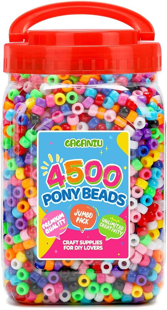 pony beads 2.5 lb – 4500+ multicolor 6x9mm plastic kandi beads in handle bucket for craft supplies, jewelry making, bracelets, hair braiding & diy projects