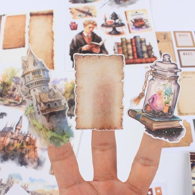 The Secrets of Wizards Sticker Book for Journaling Collage, 20 Sheets Precut Transparent PET Washi Matte Paper Materials Stickers for Scrapbooking, Junk Journal Supplies, Planner