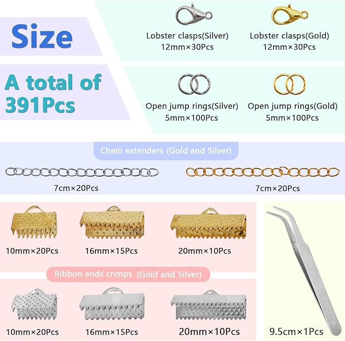 373Pcs Ribbon Bracelet Kit for Jewelry Making Ribbon End Crimps Lobster Clasps Awith Jump Rings and Chain Extenders for DIY Making Bookmark Pinch Bracelet Choker Necklace (Gold and Silver)