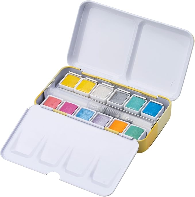 MEEDEN Metallic Watercolor Paint Set : 12 Colors Travel Watercolor Set with Brush in Half Pans - Portable Watercolor Paints for Adults & Artist