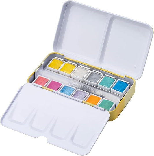 MEEDEN Metallic Watercolor Paint Set : 12 Colors Travel Watercolor Set with Brush in Half Pans - Portable Watercolor Paints for Adults & Artist