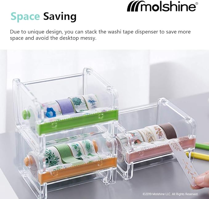 molshine 2 Pack Transparent Desktop Multi Washi Masking Tape Storage Dispenser,Tape Cutter,Tape Roll Holder (Not Include Masking Tape) (Brown)