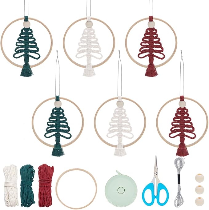 ACRNIGHEET 6 PCS Macrame Kit for Adults Beginners Boho Wall Hanging Decor for Christmas Tree with Instruction Handmade Xmas Tree Home Decoration Kit for Holiday Wall Hanging