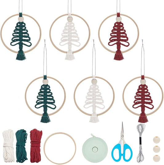 ACRNIGHEET 6 PCS Macrame Kit for Adults Beginners Boho Wall Hanging Decor for Christmas Tree with Instruction Handmade Xmas Tree Home Decoration Kit for Holiday Wall Hanging