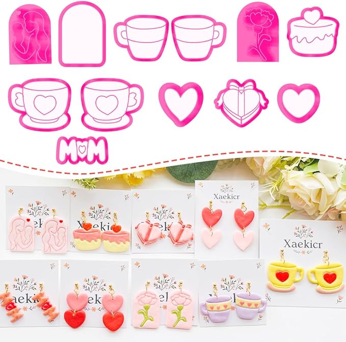 Mother’s Day Polymer Clay Cutters & Stamps Set - 12pcs Sharp & Durable Tea Cup, Cake, Heart, MOM & Silhouette Shapes for DIY Earring Jewelry Making, Soft Clay Crafts & Holiday Supplies