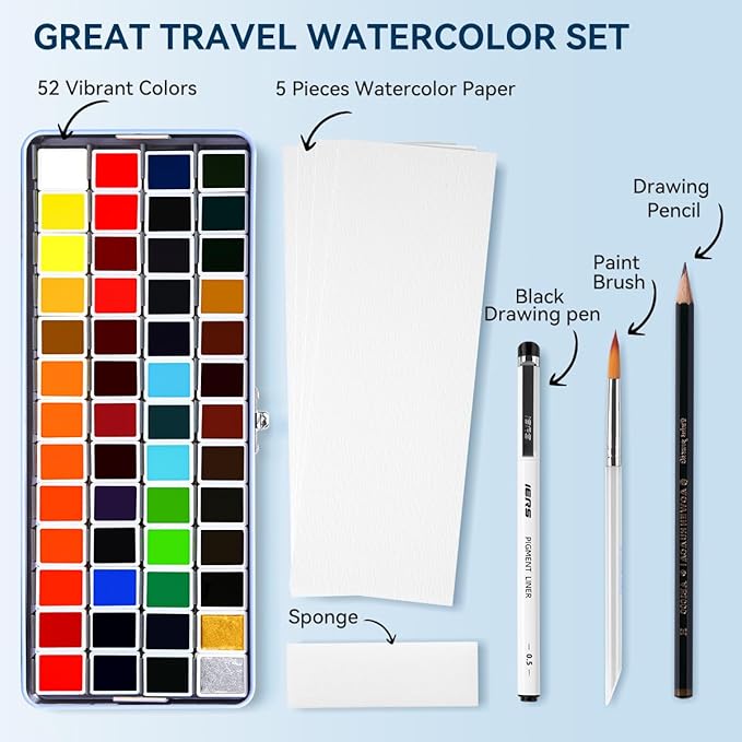 MeiLiang Watercolor Paint Set 52 Colors in Half Pans with Drawing Pencil, Paint Brushes, 5 Watercolor Paper, Sponge, Black Drawing Pens, Art Supplies for Adults Travel Watercolor & Blue Box