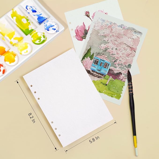 Lightwish Watercolor Paper Bulk, 100% Cotton Rough 300gsm/140lb, 2 Pack, Total 40 Sheets A5 Hole-Punched Replaceable Paper for Artists, Adults,Students,5.5 * 8.2 Inches
