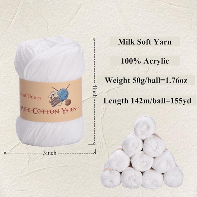 Acrylic Yarn for Crocheting Bulk, DIY Knitting Pure White Yarns, 6PLY 10Balls 17.6 Ounces Pack, Solid White Crocheting Thread, Beginner-Friendly
