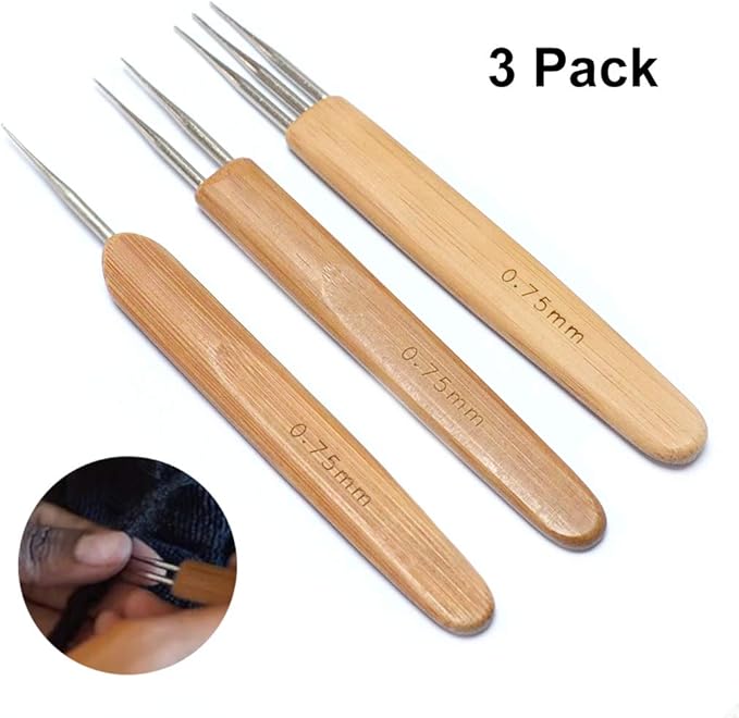 Luwigs 3pcs/Set 0.75mm Dreadlock Crochet Hook for Hair (1 Hook, 2 Hooks,3 Hooks) Dreadlock Needle Tool for Braid Bamboo Dreadlock Crochet Hook Dreadlocks Crochet Needle for Dreads Tool