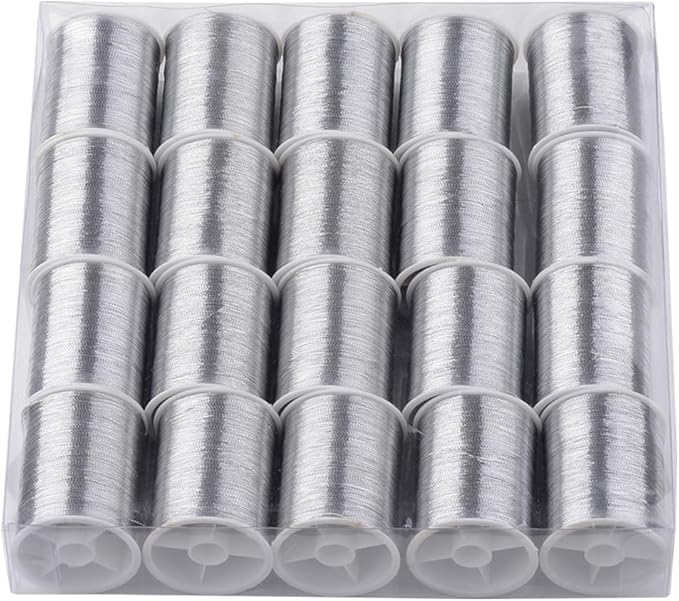 20 Rolls 1100M 0.1MM Thin Silver Metallic Thread Shimmer Christmas Glitter Embroidery Floss String Polyester Tinsel Cord Rope Spool Bulk for Jewelry Making Sewing Crafts Bracelets Beading