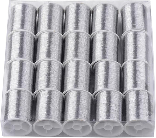 20 Rolls 1100M 0.1MM Thin Silver Metallic Thread Shimmer Christmas Glitter Embroidery Floss String Polyester Tinsel Cord Rope Spool Bulk for Jewelry Making Sewing Crafts Bracelets Beading