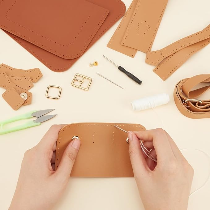 WADORN DIY Crossbody Bag Making Kits, PU Leather Shoulder Bag Sewing Set with Instruction Handmade Satchel Handbag Making Kit Purse Sewing Kit for Women Handicraft Gift, 9.8x3.5x6.7 Inch(Brown+Khaki)