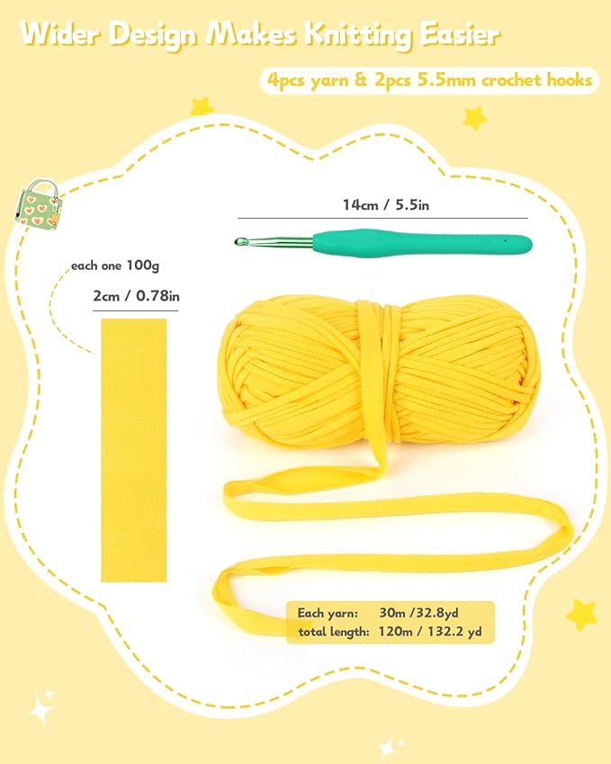 Katech 4 Pack 100g T Shirt Fabric Yarn Kit for DIY Hand Knitting, 130 Yds Spaghetti Yellow Crochet Cloth for Crocheting Bag, Basket & Blanket With 2 PCS Ergonomic Hooks