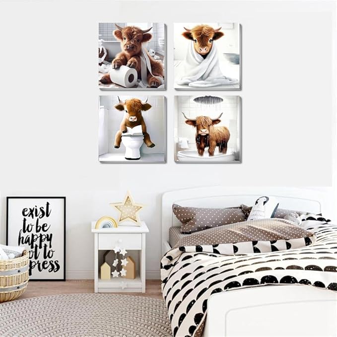 Canrichshop 4 Framed Highland Cow DIY Paint by Numbers Kit for Adults Beginner,Naughty Cow Easy Paint by Number on Canvas with Frame,Acrylic Painting Kit Adult for Decor 8x8inch