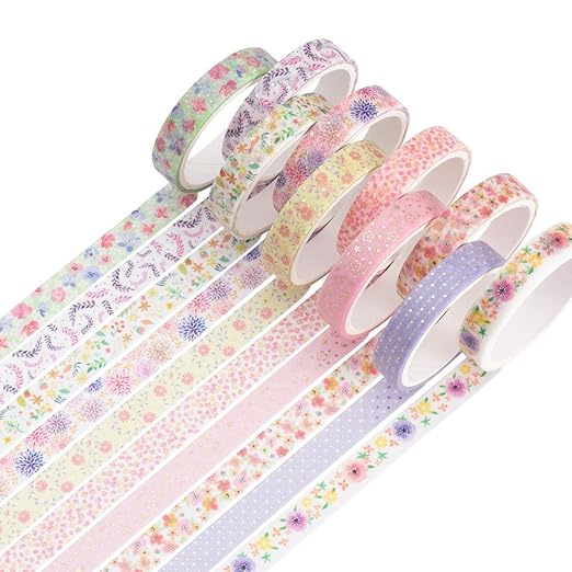 YUBBAEX 10 Rolls Sparkling Washi Tape Set 8mm Skinny Gold Foil Decorative Masking Washi Tapes for Journal,Scrapbook, Planner, DIY Crafts (Beautiful Flowers)