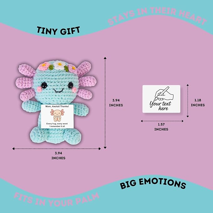 Handmade Mini Positive Crochet Animals Customizable Card Set with Positive Messages Emotional Support Crochet Birthday Gift for Woman Men Her him Motivational Desk Decor (Axolotl - Mom)