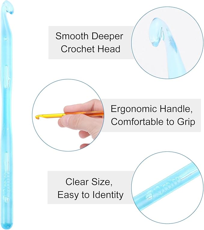 uxcell Crochet Hooks 7mm Ergonomic Knitting Needle Plastic Colorful Transparent Crochet Hooks for DIY Crocheting Yarn Blanket Carpet Weaving, Light Blue