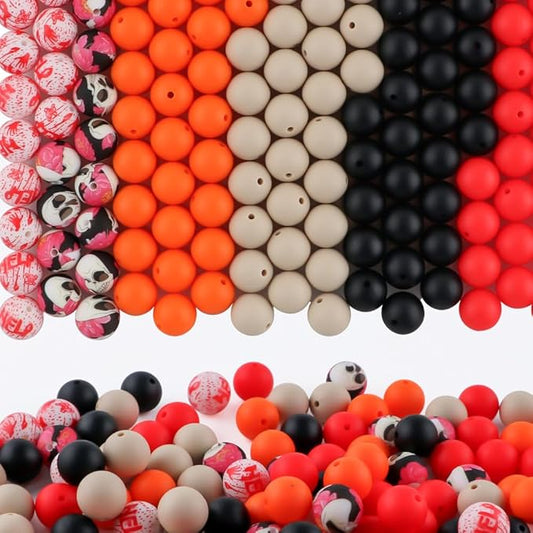 150Pcs Mixed Color 15mm Silicone Beads for Keychain Making, Red Orange Halloween Print Silicone Beads for Pens and Bracelet Jewelry Making