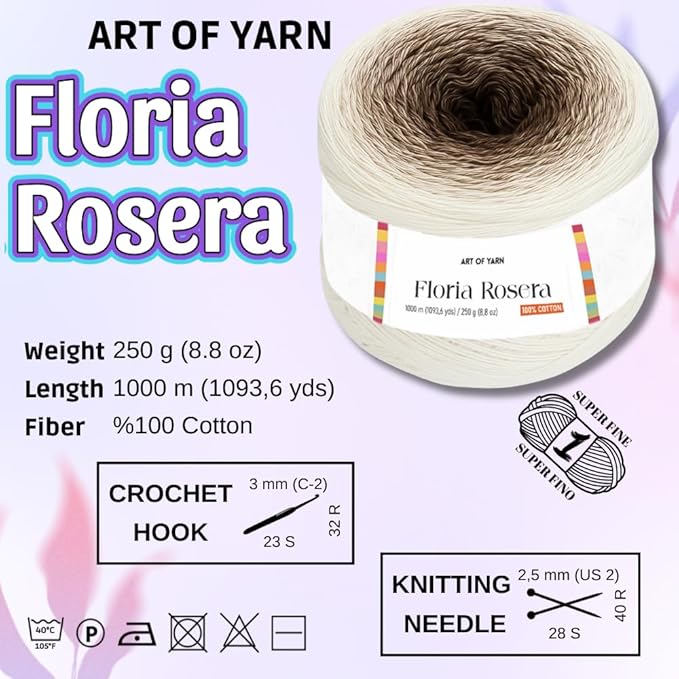 Floria Blumera Yarn 55% Cotton 45% Acrylic 250g 1093.6 Yards Multicolor Gradient Yarn Cake for Knitting Crochet Spring Summer Ombre Rainbow Cotton (Rosy Beige, Rosera)