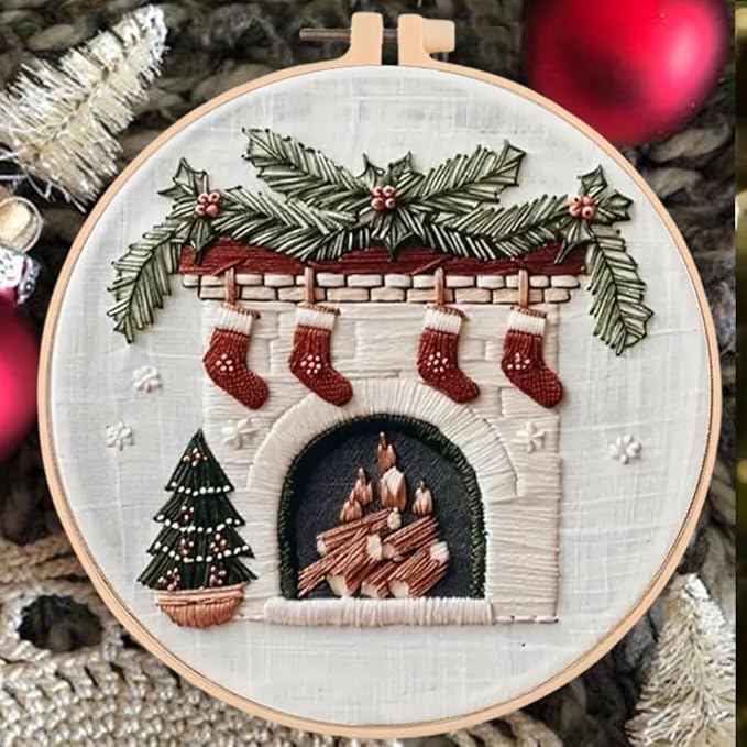 Huacan Embroidery Kits for Adults Beginner DIY Cross Stitch Stamped Christmas Pattern Stitching Fireplace Sewing Kit 1 Piece 7.8 x 7.8 Inch