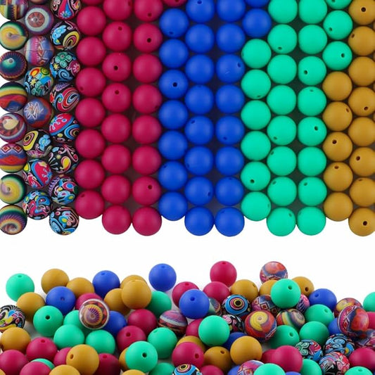 150Pcs Mixed Color 15mm Silicone Beads for Keychain Making, Mustard Blue Magenta Print Silicone Beads for Pens and Bracelet Jewelry Making