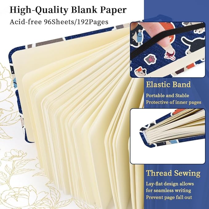 Square 4.8x4.8 inches 80gsm 96sheets/192 Pages Notebooks Blank Sketchbooks Travel Journal Pocket Hardcover Paint Writing Diary Memo Planner Cloth Cover. Line Ball Cat