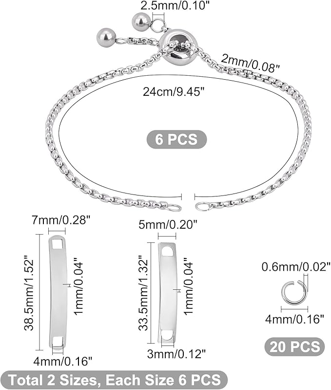 UNICRAFTALE 6Sets Engravable Bracelets DIY Kit Including Rectangle Engravable Blank Tags Links Connectors 24cm Stainless Steel Adjustable Slider Bracelet 4mm Jump Rings for Bracelets Making