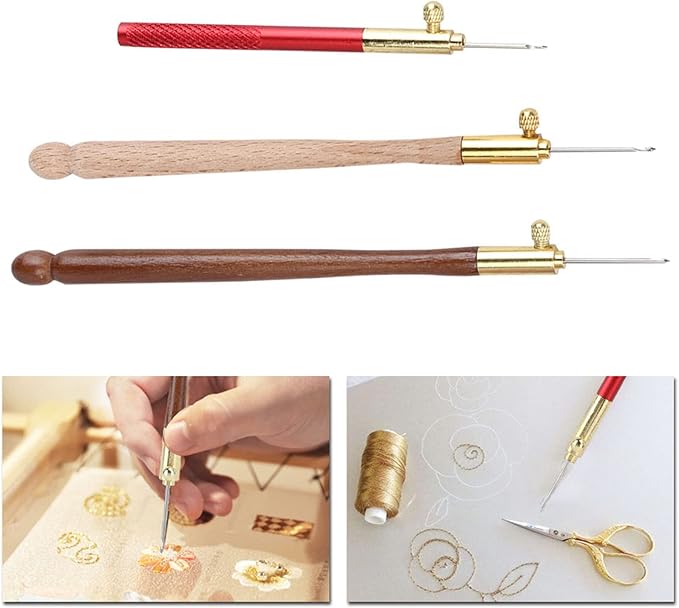 Tambour Embroidery Kit Tambour Hook 3Pcs Stainless Steel Wood Handle Embroidery Crochet Hooks Punch Needle with 9 Needles French Tambour Beading Sequins Sewing Craft Tool