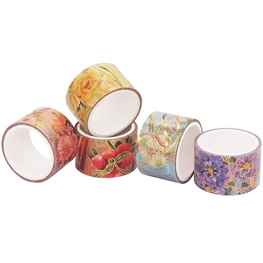 YUBBAEX Blooming Washi Tape Set Gold Foil Masking Tape Peony Wide Decorative for Arts, DIY Crafts, Journal Supplies, Planners, Scrapbook, Card/Gift Wrapping -25mm- (Red Flowers)