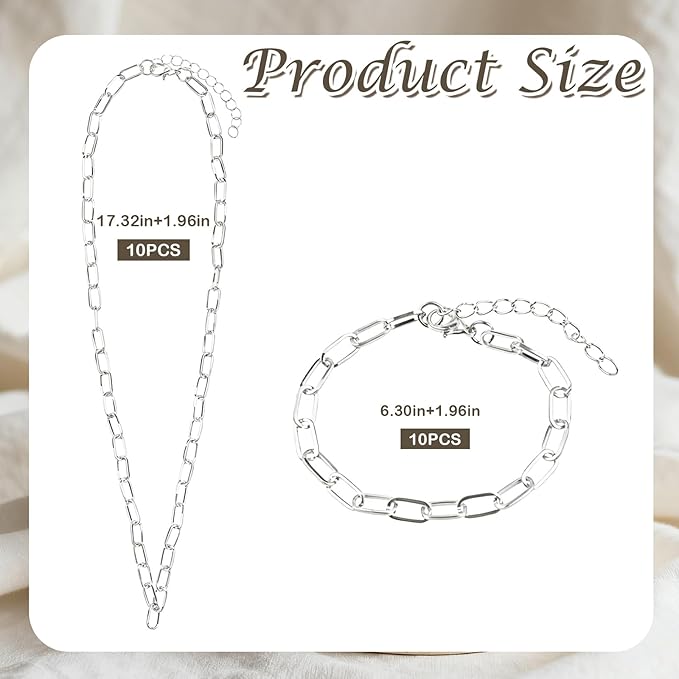 20 Pcs 18K Silver Plated Necklace Bracelet Chain Kit, Paperclip Alloy Link Fit Clip on Charm, Charm Bracelet Necklace Kit for Women DIY Jewelry Making (Silver)