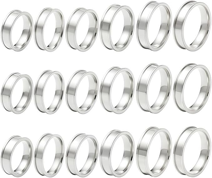 SUNNYCLUE 1 Box 6 Sizes 18Pcs Silver Inlay Rings Stainless Steel Rings Blank Kits Metal Round Empty Grooved Size 7-12 Finger Findings for Jewelry Making Crafts Necklace DIY Supplies Women Men Adults