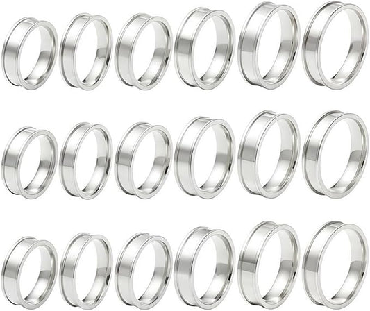SUNNYCLUE 1 Box 6 Sizes 18Pcs Silver Inlay Rings Stainless Steel Rings Blank Kits Metal Round Empty Grooved Size 7-12 Finger Findings for Jewelry Making Crafts Necklace DIY Supplies Women Men Adults