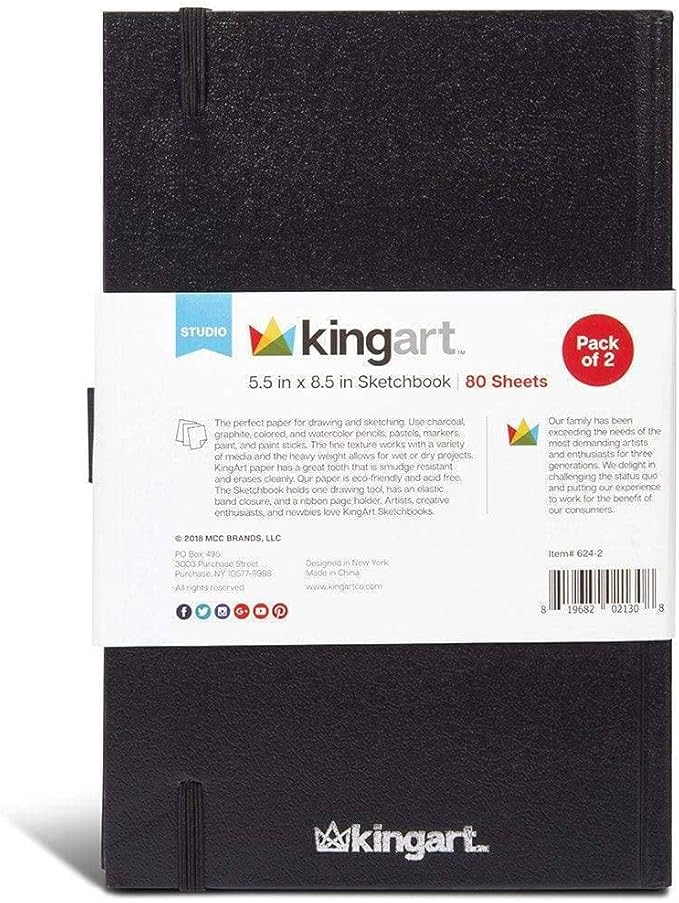 KINGART Black Hardcover 5.5" x 8.5" Sketchbook JOURNALS, 2-Pack, Perfect Bound, 70 Pound (110 GSM), 160 Pages / 80 Sheets Each