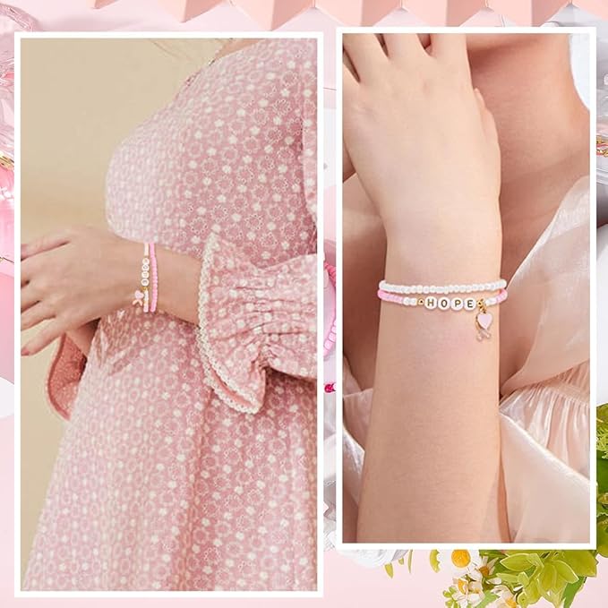 SUNNYCLUE 1 Box About 680Pcs DIY 6 Sets Breast Cancer Awareness Bracelets Pink Bracelet Making Kits Alphabet Ribbon Heart Letter Charms for Jewelry Making Kit Supplies Women Beginners Adult Starter