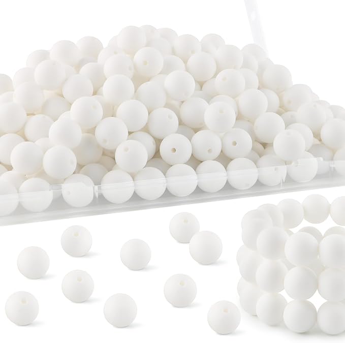 150Pcs 15mm Silicone Beads for Keychain Making Bracelet Necklace, Bulk Round Silicone Beads for Pens（White）